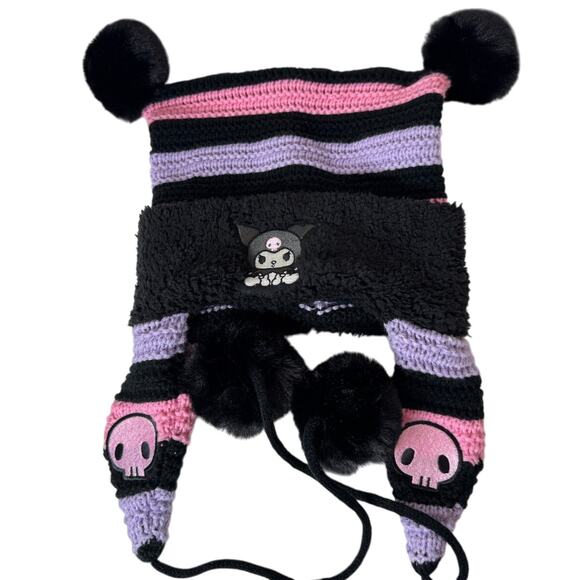 SANRIO KUROMI Beanie NEW Purple Pink Black with pom poms OS Fits Most - Picture 1 of 6